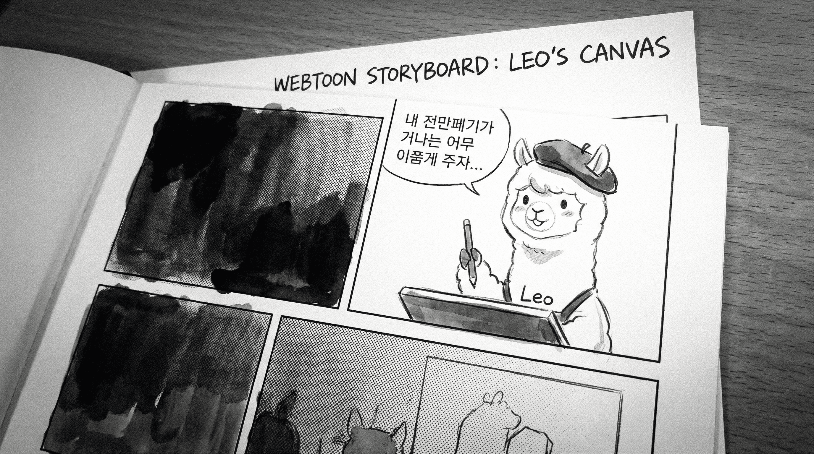 Manga IP Storyboard: Leo & Max Layout 145 (Korean Webtoon · Black & White)