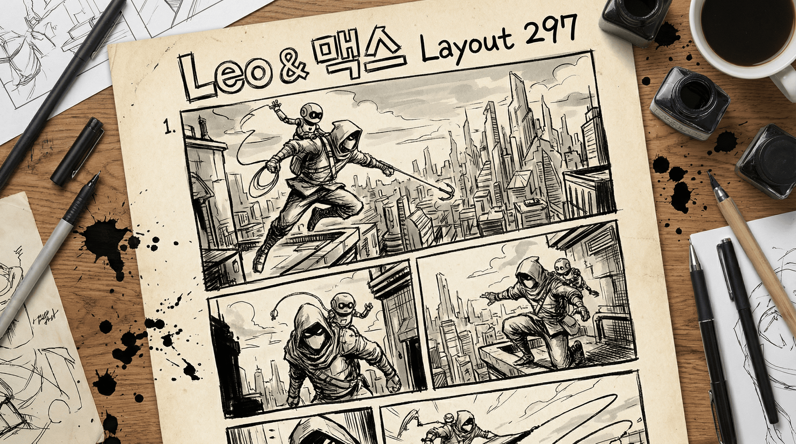 Manga IP Storyboard: Leo & Max Layout 297 (Korean Webtoon · Black & White)