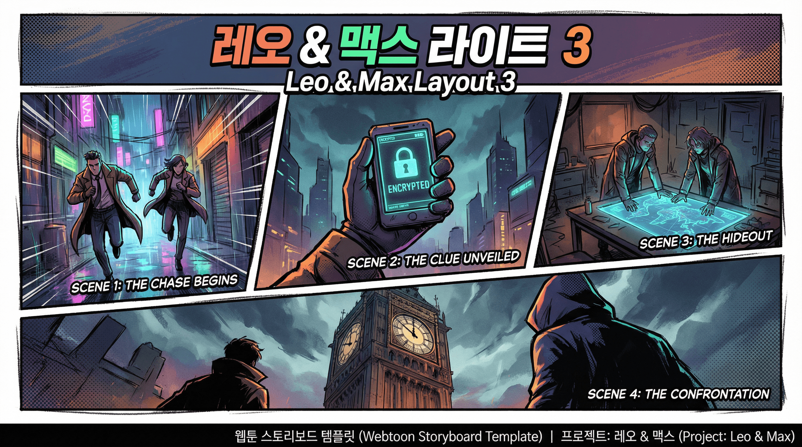 Manga IP Storyboard: Leo & Max Layout 3 (American Comic · Black & White)
