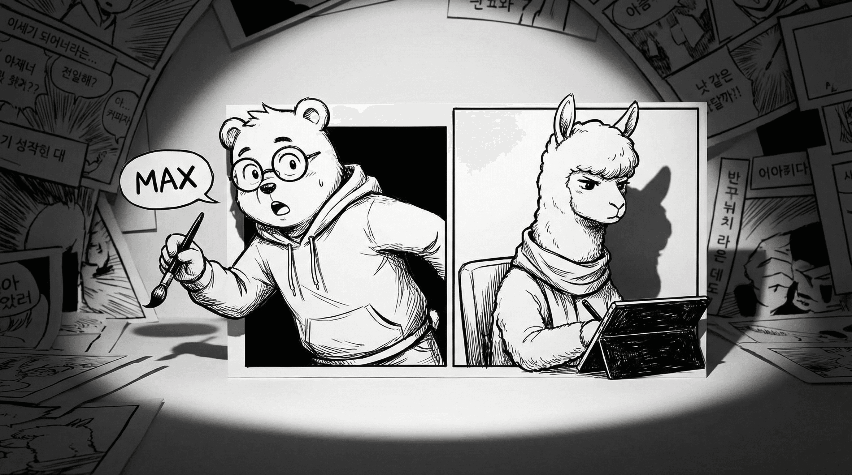 Manga IP Storyboard: Leo & Max Layout 53 (Korean Webtoon · Black & White)