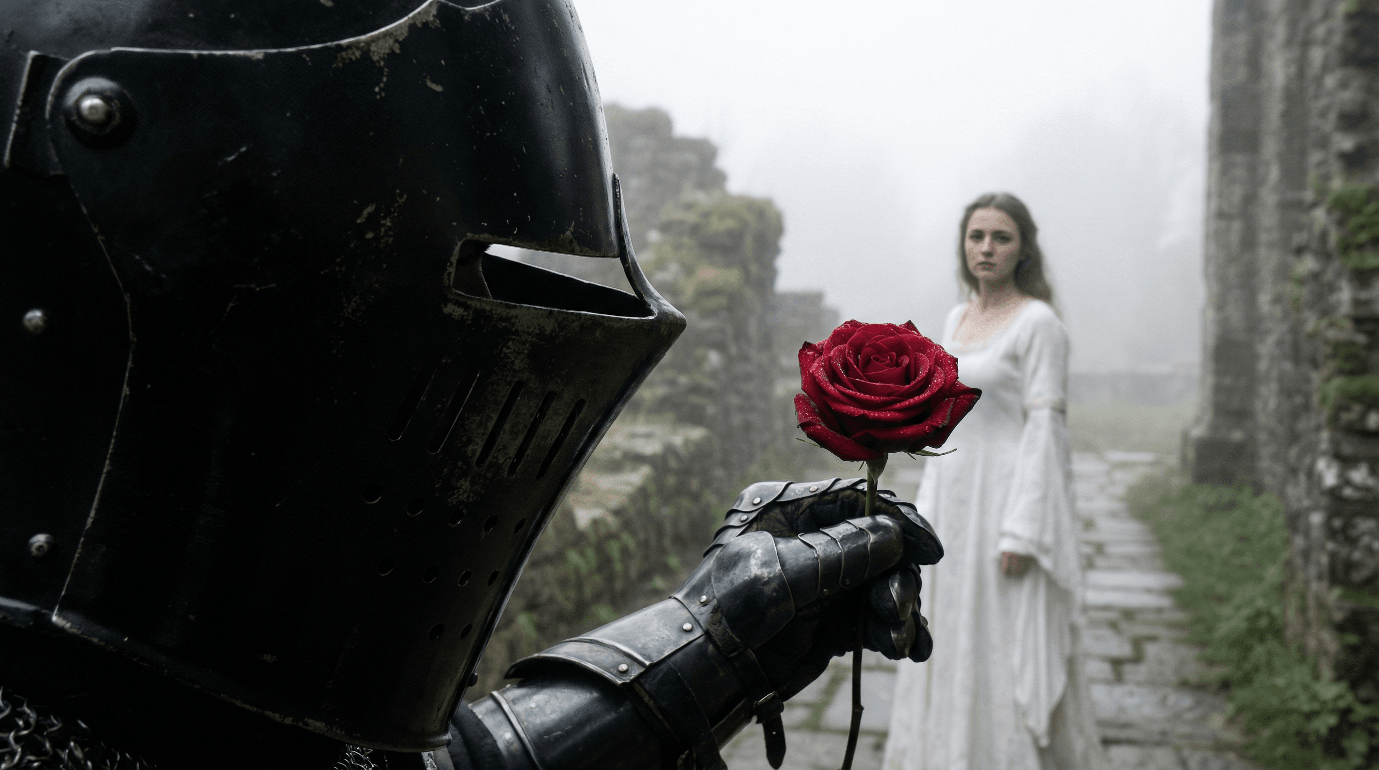 Haunting Cinematic Cliff Scene with Red Rose