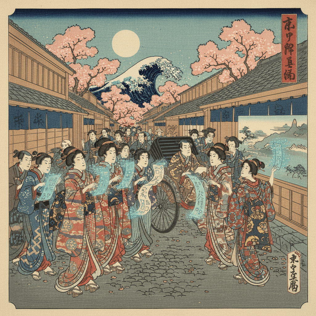 Edo-period Ukiyo-e reinterpretation of a modern scene
